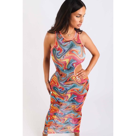 Womens Marble Print Fishnet Cut-Out Midi Long Dress Bodycon Sleeveless Crew Neck - Picture 10 of 12